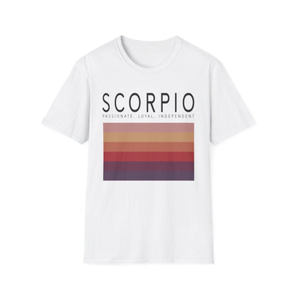 light blue t-shirt with scorpio zodiac graphic and minimalist stripe design