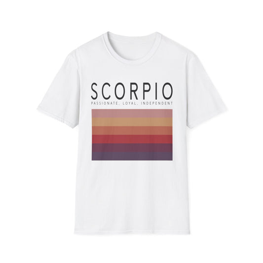 light blue t-shirt with scorpio zodiac graphic and minimalist stripe design