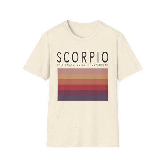 white t-shirt with scorpio astrology zodiac symbol and warm-toned stripe detail