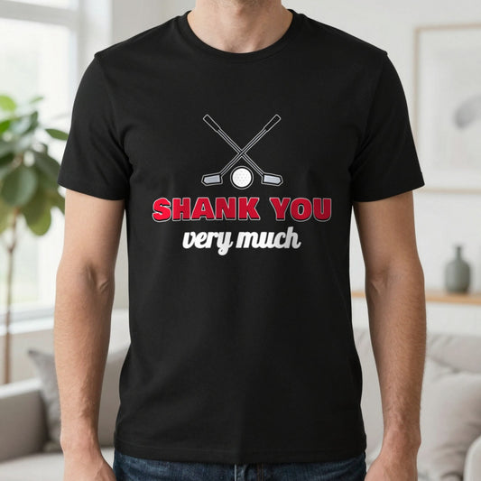 Shank You Very Much Funny Golf T-Shirt & Sweatshirt in Black (T-Shirt), worn, our photo