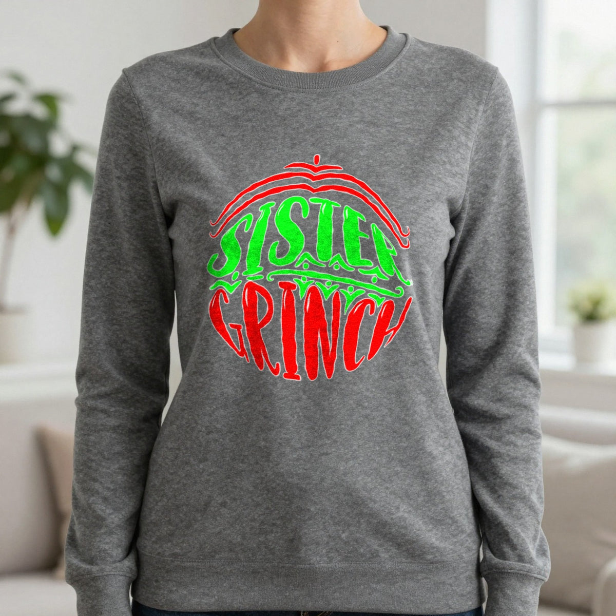 Sister Grumpy Green Christmas T-Shirt & Sweatshirt in Charcoal, worn, our photo