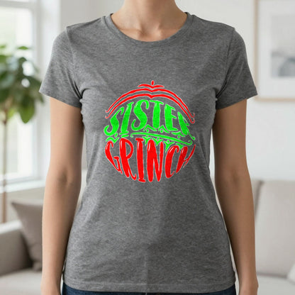 Sister Grumpy Green Christmas T-Shirt & Sweatshirt in Charcoal, worn, our photo