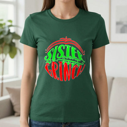 Sister Grumpy Green Christmas T-Shirt & Sweatshirt in Forest Green, worn, our photo