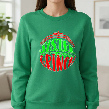 Sister Grumpy Green Christmas T-Shirt & Sweatshirt in Irish Green, worn, our photo