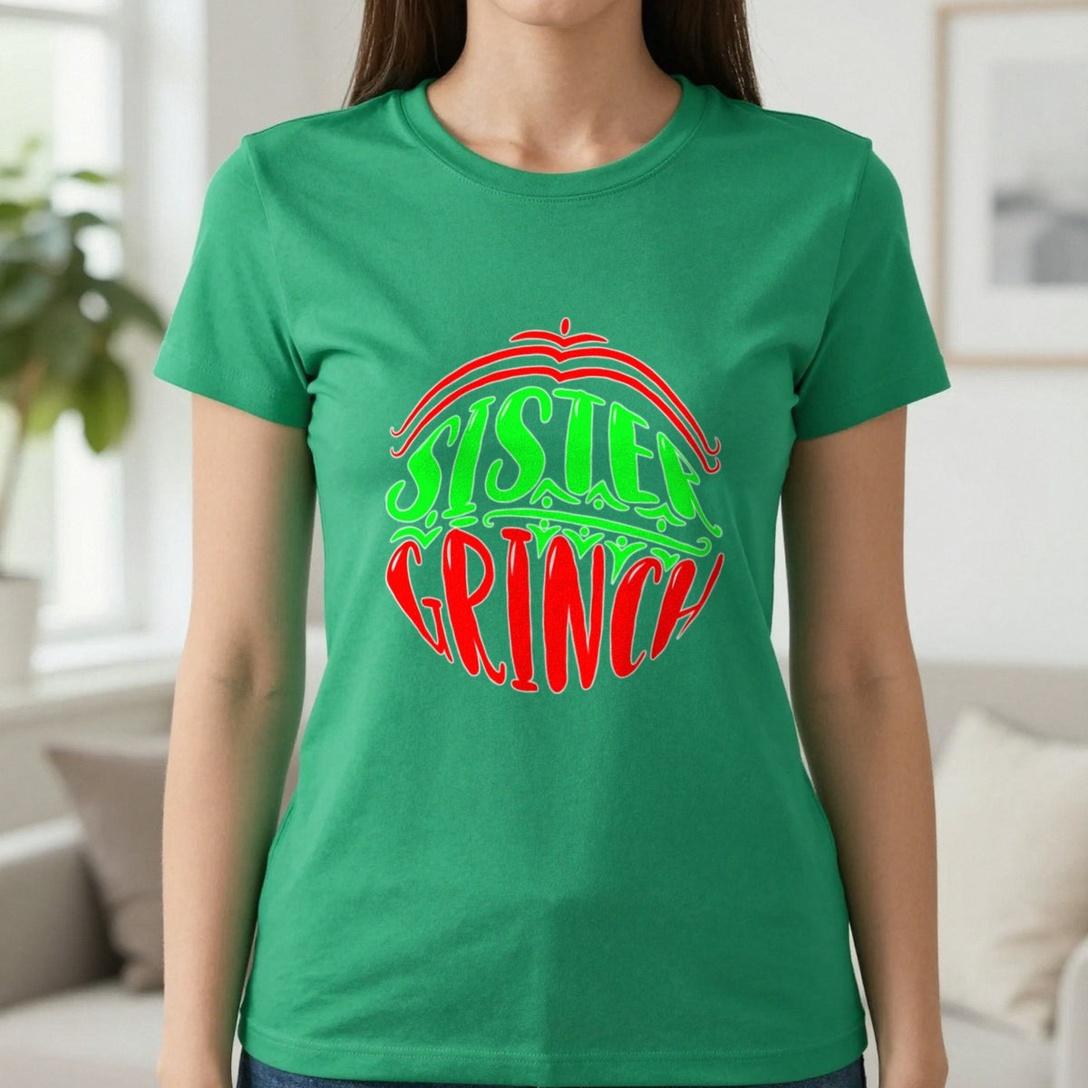 Sister Grumpy Green Christmas T-Shirt & Sweatshirt in Irish Green, worn, our photo