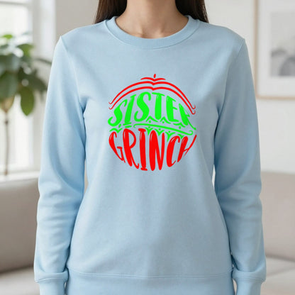 Sister Grumpy Green Christmas T-Shirt & Sweatshirt in Light Blue, worn, our photo