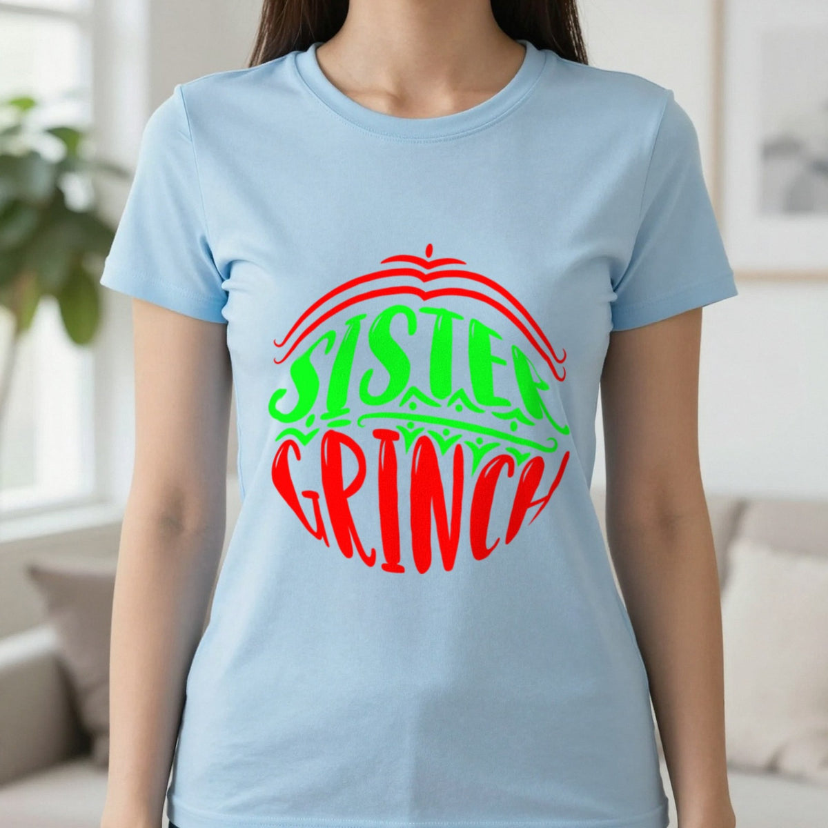 Sister Grumpy Green Christmas T-Shirt & Sweatshirt in Light Blue, worn, our photo