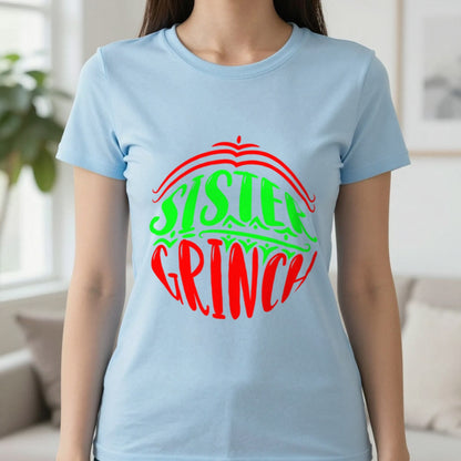 Sister Grumpy Green Christmas T-Shirt & Sweatshirt in Light Blue, worn, our photo