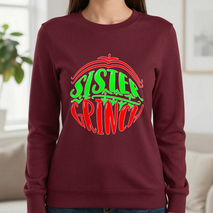 Sister Grumpy Green Christmas T-Shirt & Sweatshirt in Maroon, worn, our photo