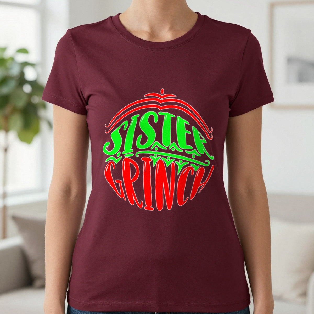 Sister Grumpy Green Christmas T-Shirt & Sweatshirt in Maroon, worn, our photo