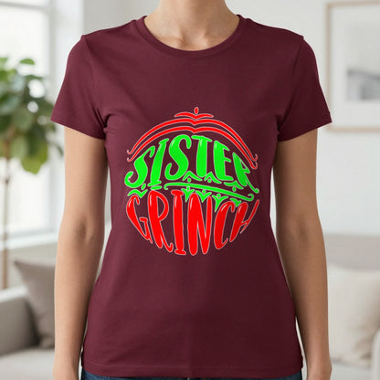 Sister Grumpy Green Christmas T-Shirt & Sweatshirt in Maroon, worn, our photo