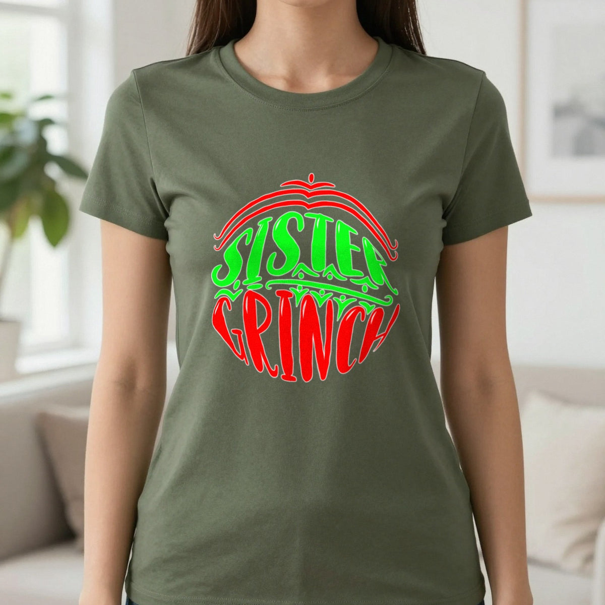 Sister Grumpy Green Christmas T-Shirt & Sweatshirt in Military Green, worn, our photo