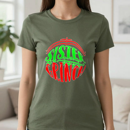 Sister Grumpy Green Christmas T-Shirt & Sweatshirt in Military Green, worn, our photo