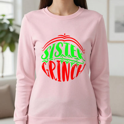 Sister Grumpy Green Christmas T-Shirt & Sweatshirt in Light Pink, worn, our photo