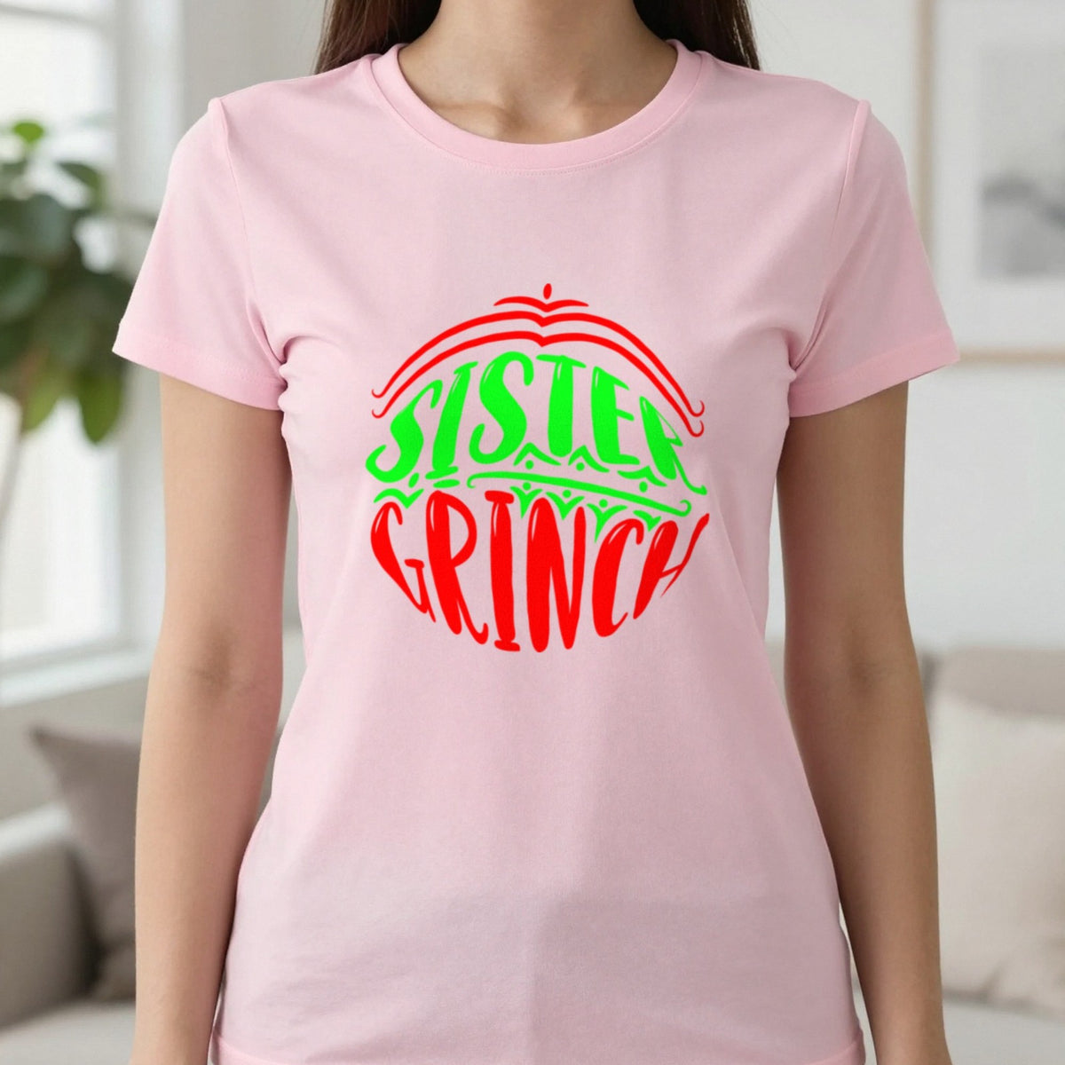 Sister Grumpy Green Christmas T-Shirt & Sweatshirt in Light Pink, worn, our photo
