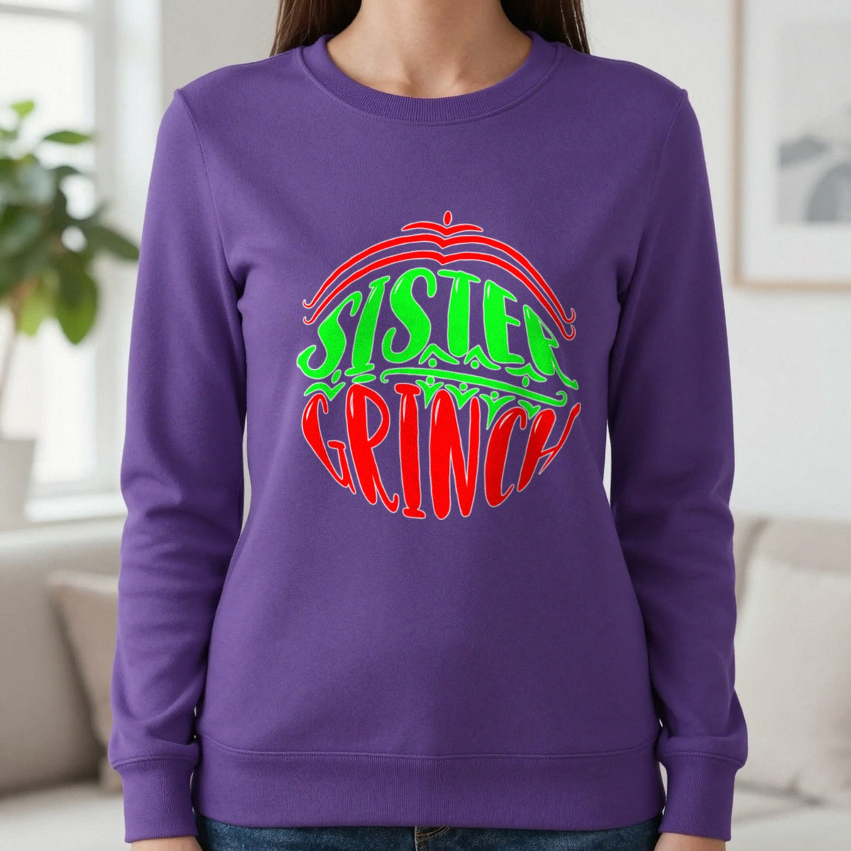 Sister Grumpy Green Christmas T-Shirt & Sweatshirt in Purple, worn, our photo
