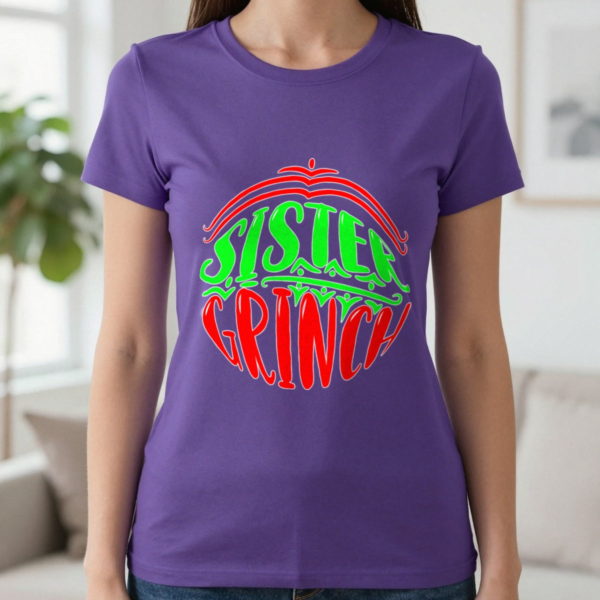 Sister Grumpy Green Christmas T-Shirt & Sweatshirt in Purple, worn, our photo