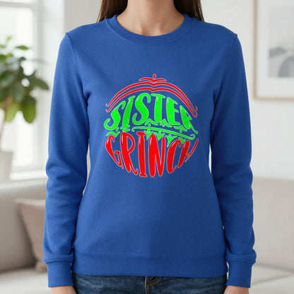 Sister Grumpy Green Christmas T-Shirt & Sweatshirt in Royal, worn, our photo
