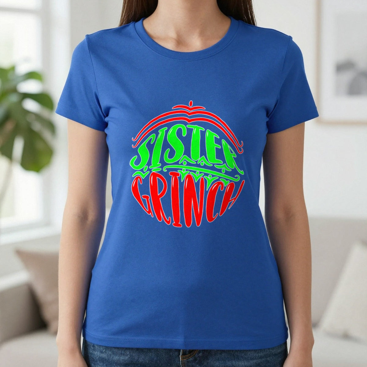 Sister Grumpy Green Christmas T-Shirt & Sweatshirt in Royal, worn, our photo