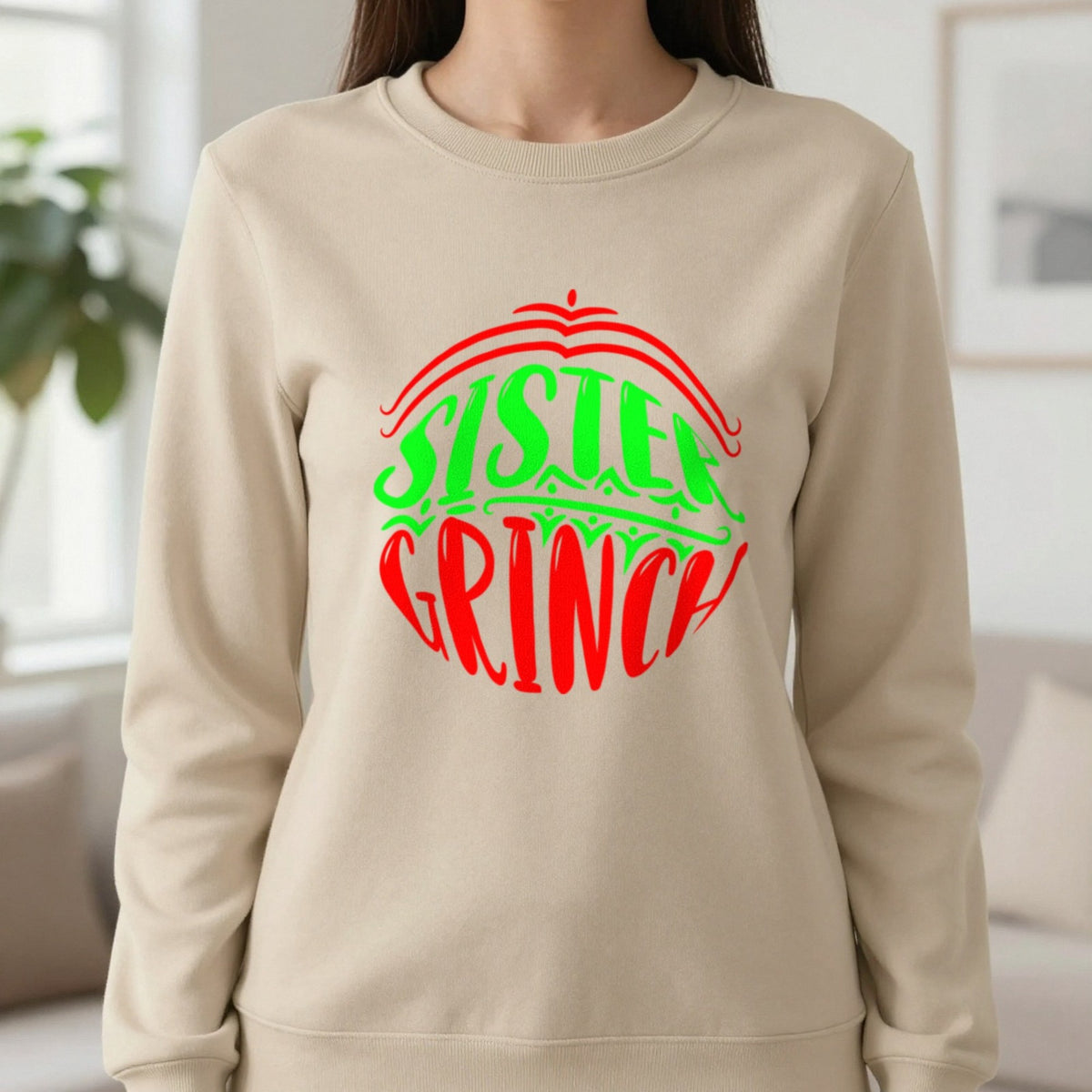 Sister Grumpy Green Christmas T-Shirt & Sweatshirt in Sand, worn, our photo