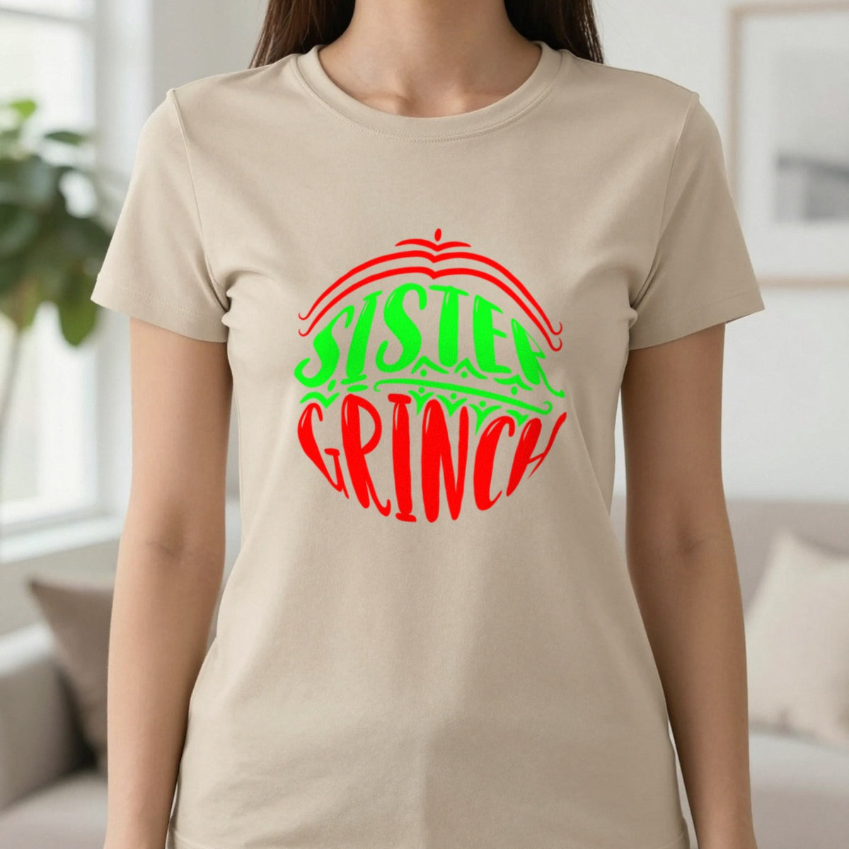 Sister Grumpy Green Christmas T-Shirt & Sweatshirt in Sand, worn, our photo