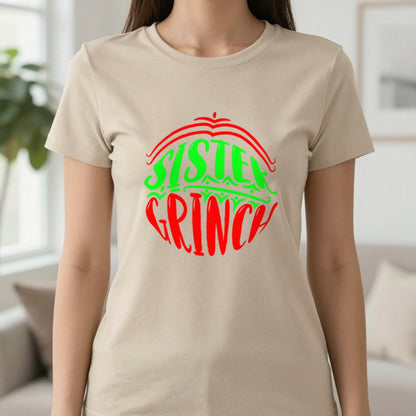 Sister Grumpy Green Christmas T-Shirt & Sweatshirt in Sand, worn, our photo
