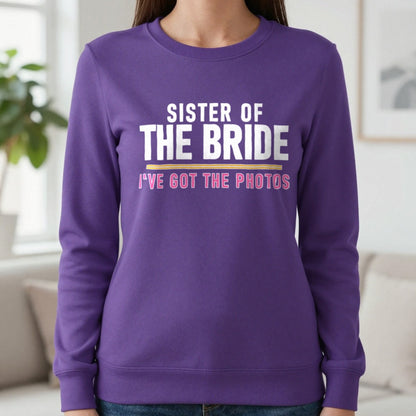 Sister Of The Bride I've Got The Photos Hen Do T-Shirt & Sweatshirt in Purple, worn, our photo