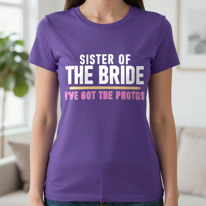 Sister Of The Bride I've Got The Photos Hen Do T-Shirt & Sweatshirt in Purple, worn, our photo