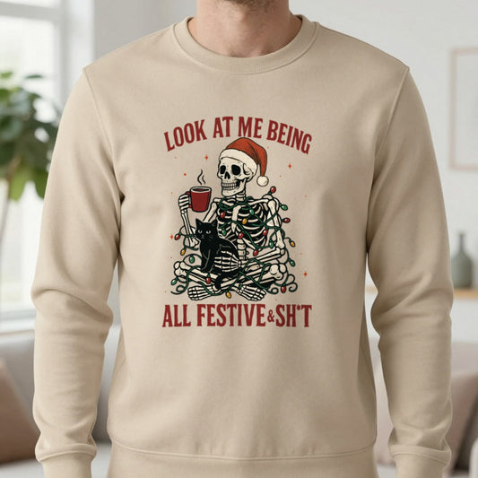 Skeleton Christmas Jumper – Funny Festive & Sh*t Sweatshirt in Beige (Sweatshirt), worn, our photo