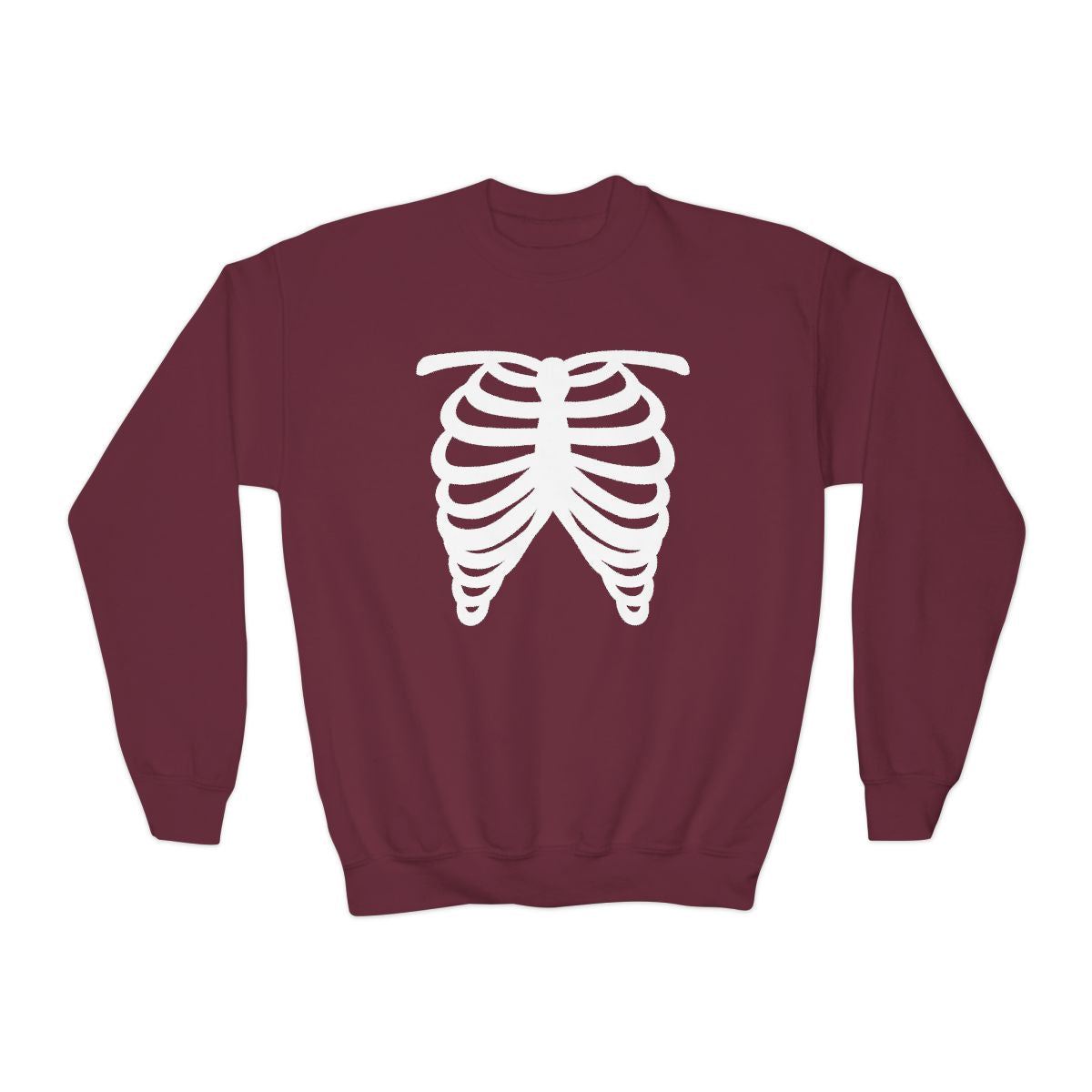maroon kids sweatshirt with spooky skeleton rib cage print
