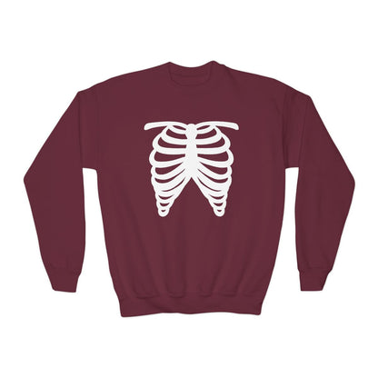 maroon kids sweatshirt with spooky skeleton rib cage print