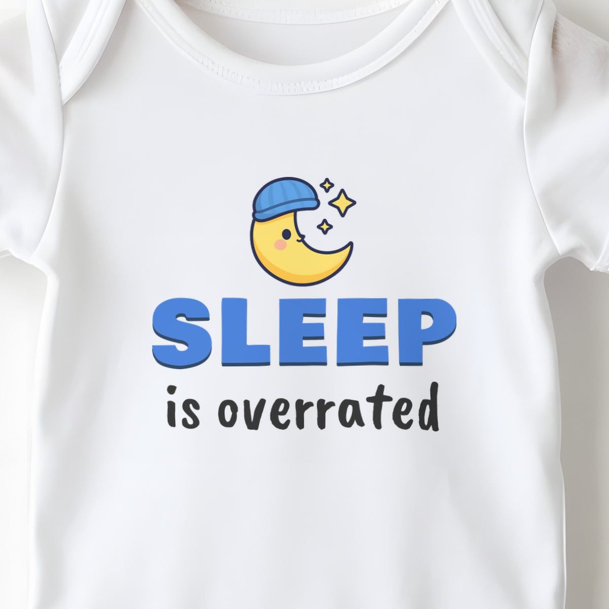Sleep Is Overrated baby grow print close-up