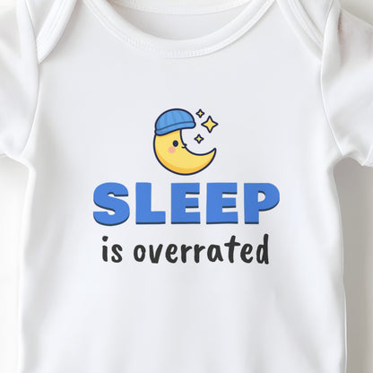 Sleep Is Overrated baby grow print close-up
