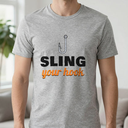 Sling Your Hook Funny Fishing T-Shirt & Sweatshirt in Sport Grey (T-Shirt), worn, our photo