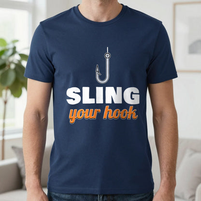 Sling Your Hook Funny Fishing T-Shirt & Sweatshirt in Navy (T-Shirt), worn, our photo