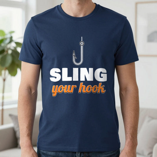 Sling Your Hook Funny Fishing T-Shirt & Sweatshirt in Navy (T-Shirt), worn, our photo