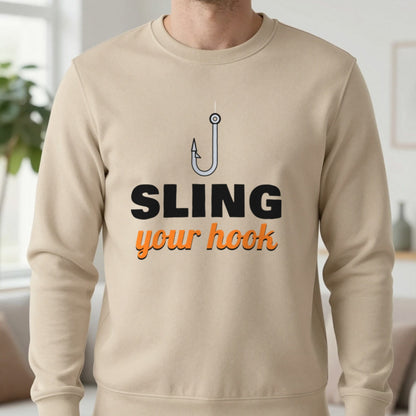 Sling Your Hook Funny Fishing T-Shirt & Sweatshirt in Sand (Sweatshirt), worn, our photo