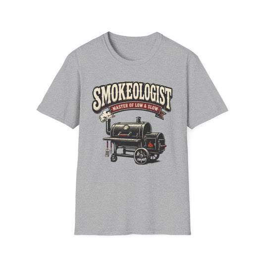 light blue t-shirt with smokeologist master of low and slow bbq pitmaster design