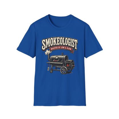 white t-shirt with smokeologist pitmaster graphic