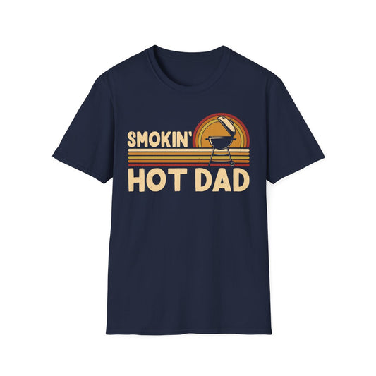 navy t-shirt with smokin' hot dad grill master graphic