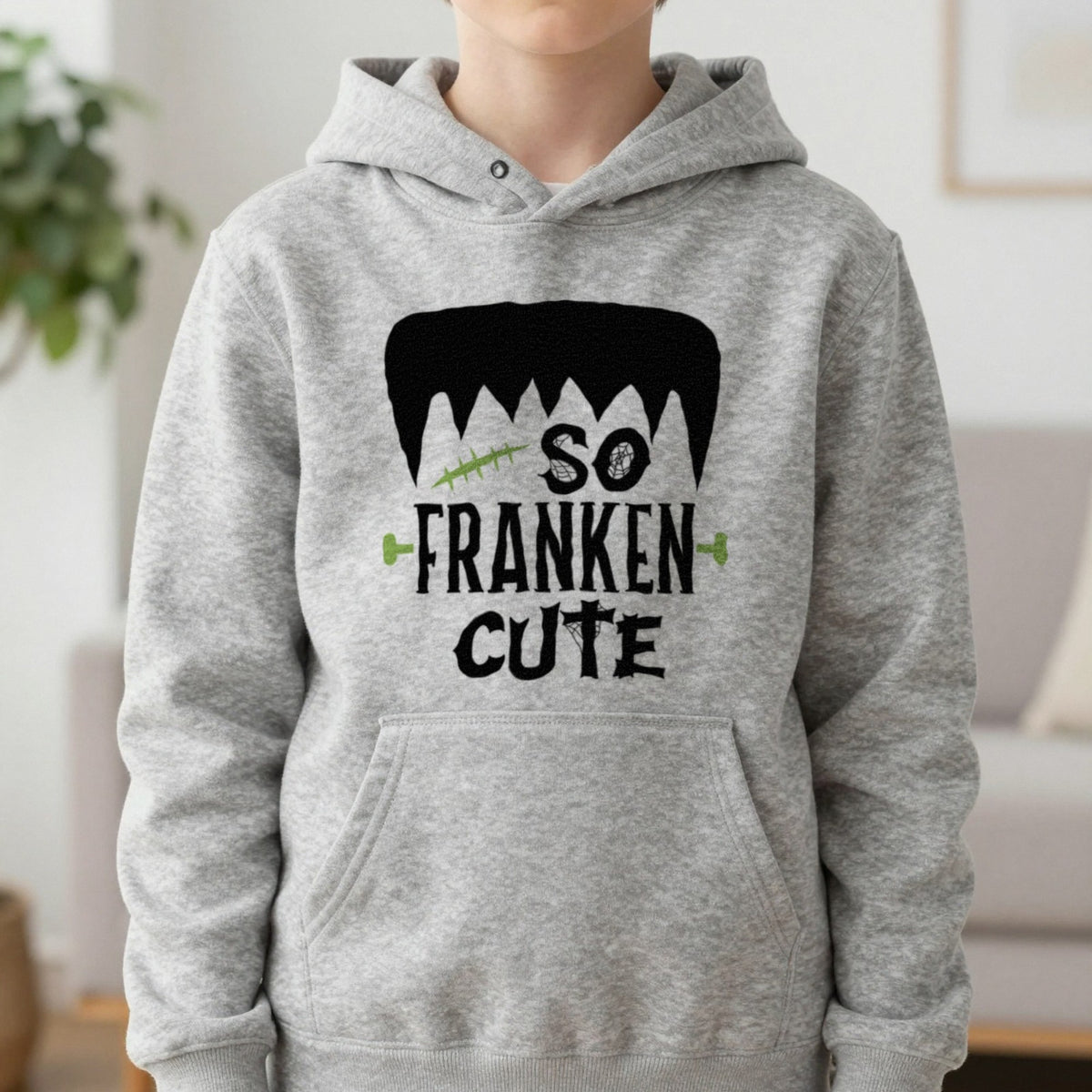 So Franken Cute Halloween Kids Hoodie in Sport Grey, worn, our photo