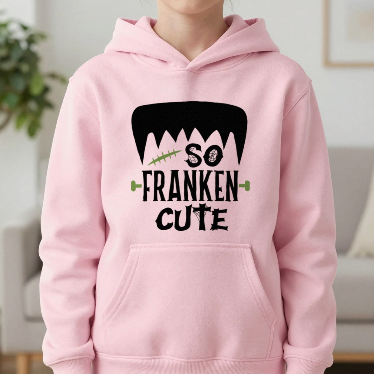 So Franken Cute Halloween Kids Hoodie in Light Pink, worn, our photo