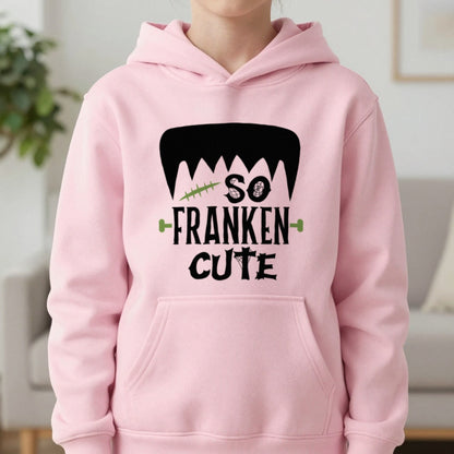 So Franken Cute Halloween Kids Hoodie in Light Pink, worn, our photo
