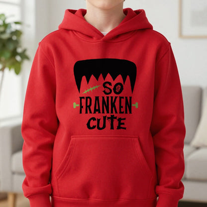So Franken Cute Halloween Kids Hoodie in Red, worn, our photo