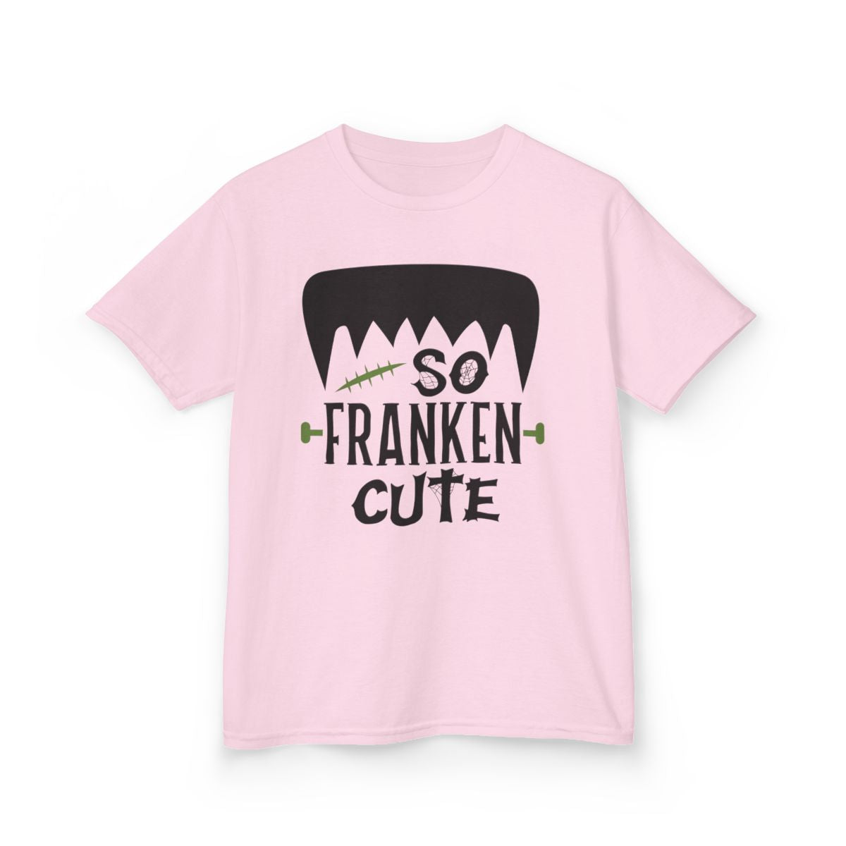 light pink kids t-shirt with So Franken Cute monster halloween print