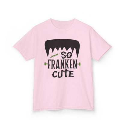light pink kids t-shirt with So Franken Cute monster halloween print
