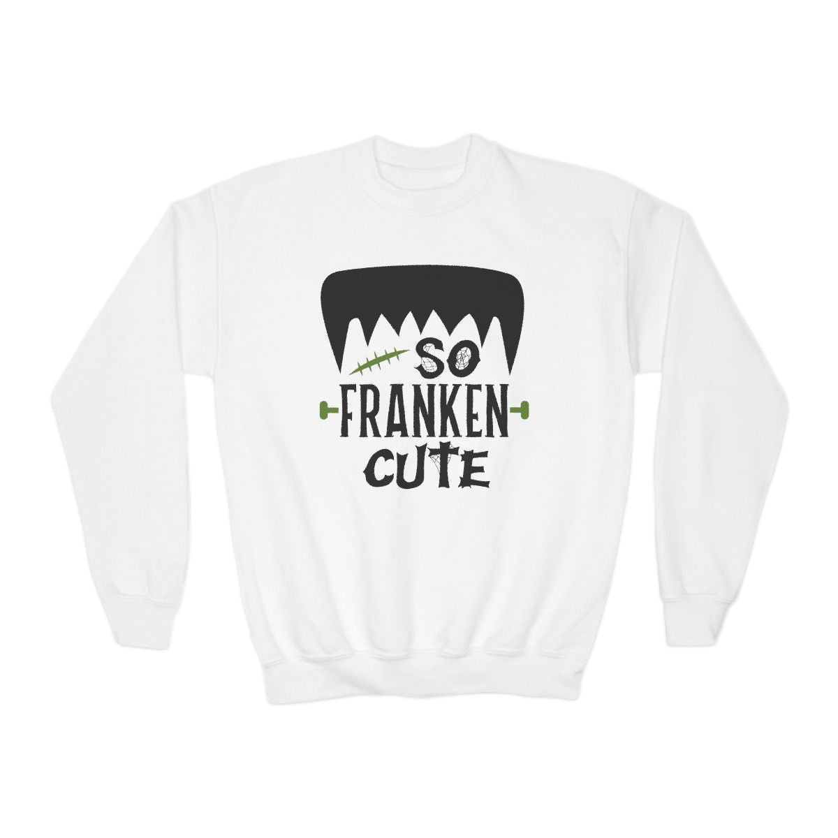 white kids sweatshirt with frankenstein so franken cute halloween graphic