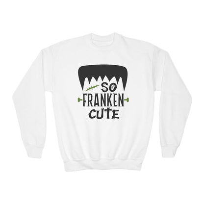 white kids sweatshirt with frankenstein so franken cute halloween graphic