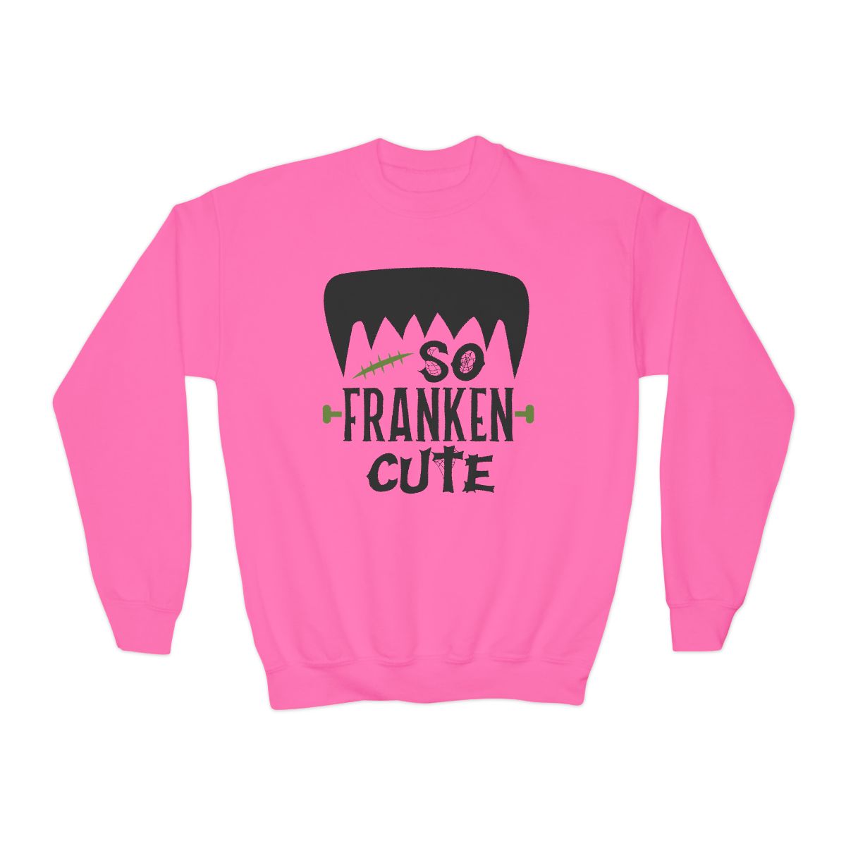 safety pink kids sweatshirt with playful spooky season frankenstein print