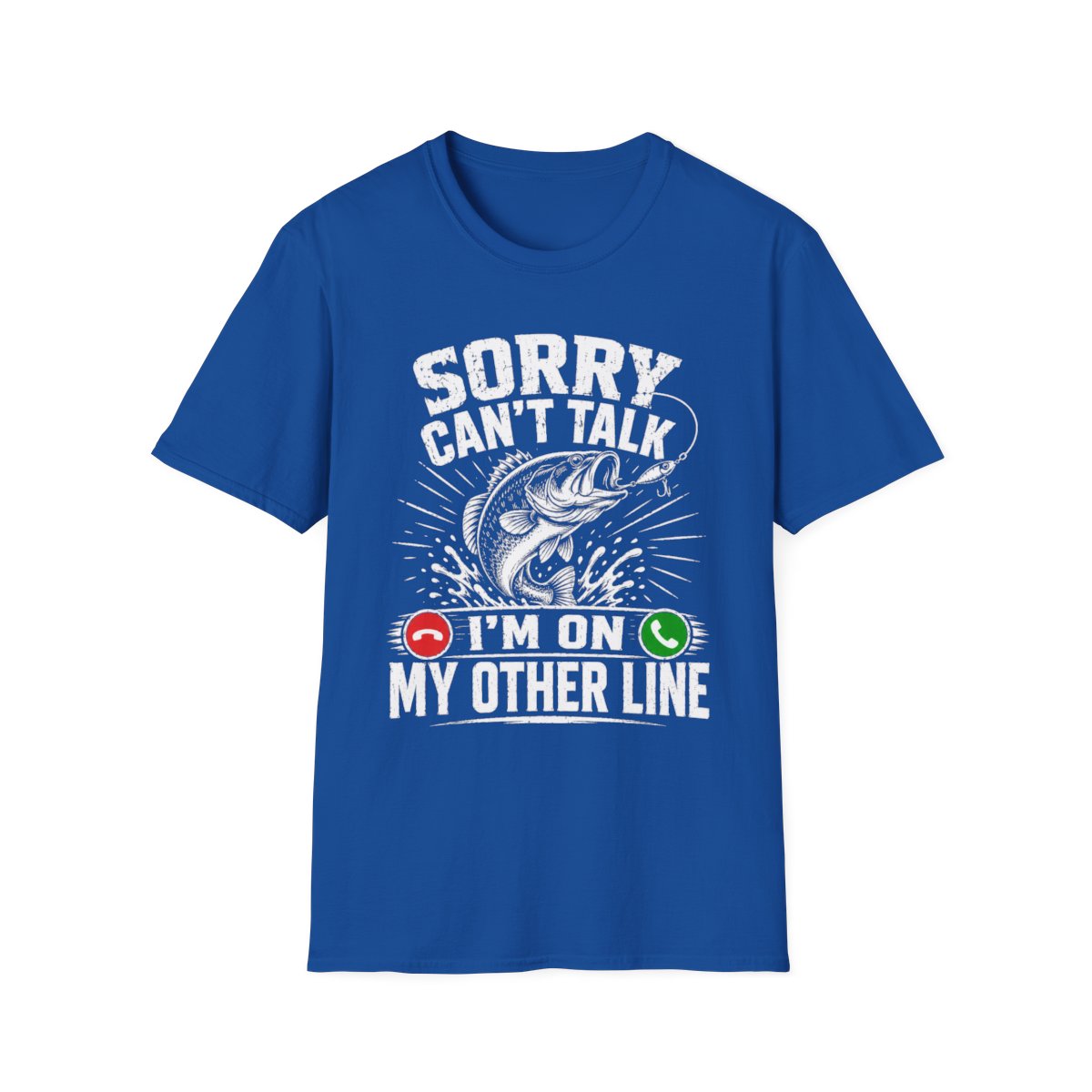 black t-shirt with sorry can't talk i'm on my other line fishing design
